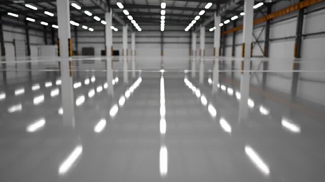 Spacious empty industrial warehouse with polished concrete floor and bright overhead lighting