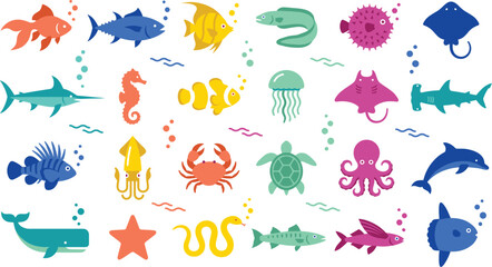 Fototapeta premium Colorful Sea Animal Vector Icon Set with Fish, Dolphin, Octopus, Turtle, Shark, and Marine Life Elements for Children Books, Educational Media, and Pattern Designs