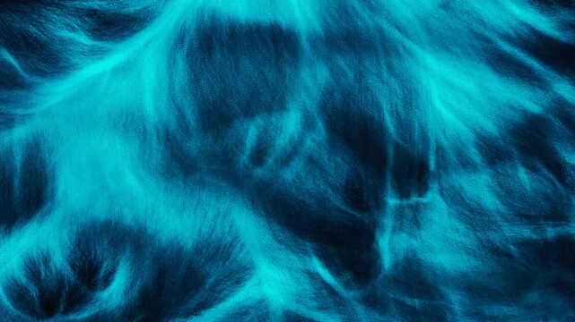 Bright cyan glowing fiber optic strands moving organically like fluid fur or energy field. Abstract light refraction, technology network, and microscopic particle texture.