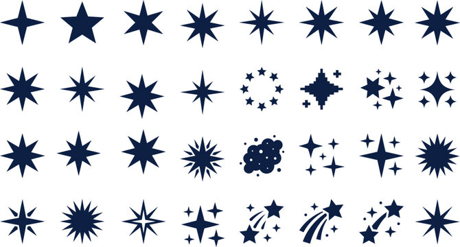 Celestial star and flare icon set border vector illustration with various sparkle and night sky shapes