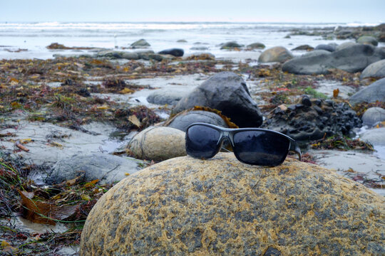 Sunglasses resting on smooth coastal rock surrounded by wet sand stones seaweed and gentle ocean waves beneath cloudy shoreline sky