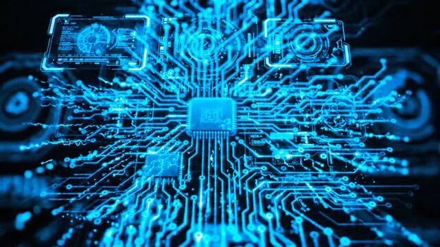 Artificial intelligence microchip with glowing blue circuit lines and holographic data interface. Futuristic CPU motherboard, computer hardware, and cyber technology concept.