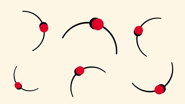 Cream background minimalist line art featuring red and black dot shaped connectors joined together by curved arcs in a molecular style pattern shown