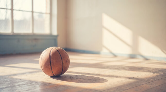 Basketball resting on indoor court floor