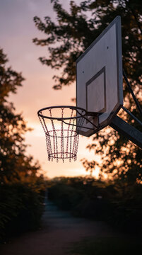 Outdoor basketball hoop at sunset