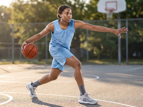 Female basketball player dribbling on outdoor court