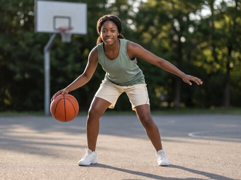 Female basketball player dribbling on outdoor court