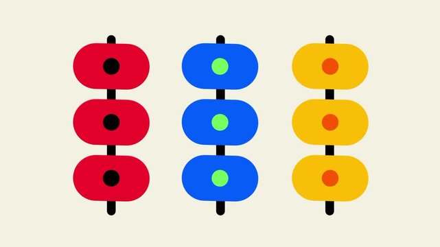 Three vertical columns of stacked red blue and yellow bead shaped ladybug figures each individually marked with small black dots throughout image