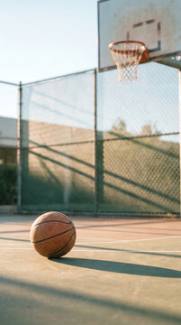 Basketball resting on outdoor court