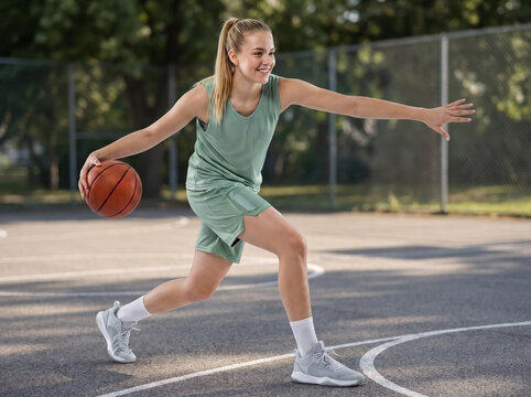 Female basketball player dribbling on outdoor court