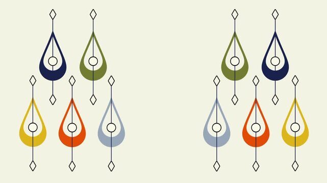 Cream background featuring two mirrored clusters of colorful teardrop shaped pendants hanging together in a symmetrical mobile composition shown here