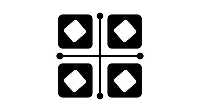 White background bold black graphic featuring four diamond shapes neatly framed within square blocks in a mid century emblem style design well shown