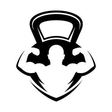 A muscular silhouette flexing with a kettlebell in a fitness logo