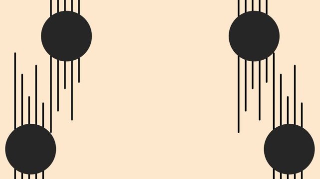 Cream background mid century mobile featuring black circles suspended among scattered clusters of thin vertical hanging line elements well shown here