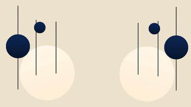 Cream background mid century mobile featuring navy blue circles suspended among thin vertical hanging lines in a balanced overall arrangement shown