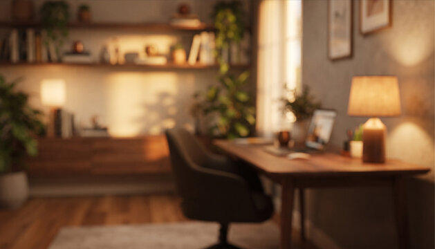 Fully blurred cozy office with soft lamps, wood textures, bookshelves, plants, and warm evening illumination, creating an inviting professional atmosphere and spacious background.