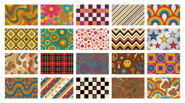 Colorful retro pattern set featuring vintage aesthetic shapes and wavy lines