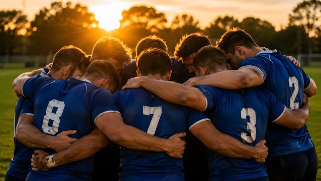 American Football Team Huddle at Sunset Players Standing Together Before Game Showing Teamwork Unity Motivation Sportsmanship Competition and Athletic Team Spirit