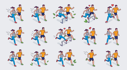 Fototapeta premium Couple Running And Jumping Over Hurdles Dynamic Isometric Sports Illustrations
