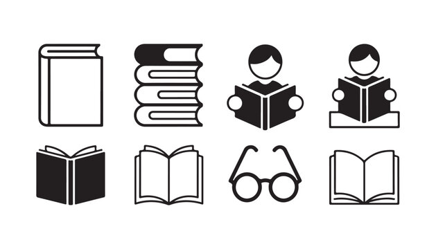 Educational book icon collection with stack of novels and reading person graphic elements for student library app.