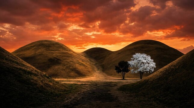 Two contrasting trees standing in a valley between rolling green hills under a fiery sunset sky.