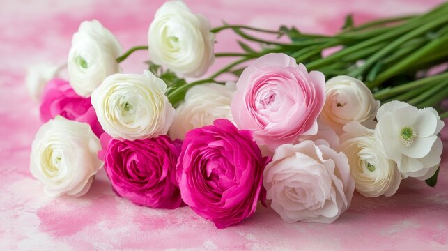 Elegant bouquet of pink and white ranunculus flowers on soft pink background, fresh and vibrant