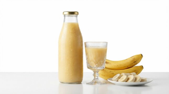 Refreshing banana drink in bottle and glass with fresh fruit