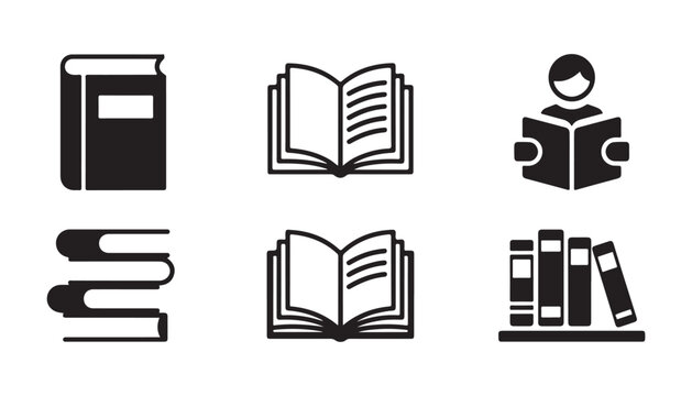 Literacy book icon set including person reading symbol and vertical spines for library signage and education.