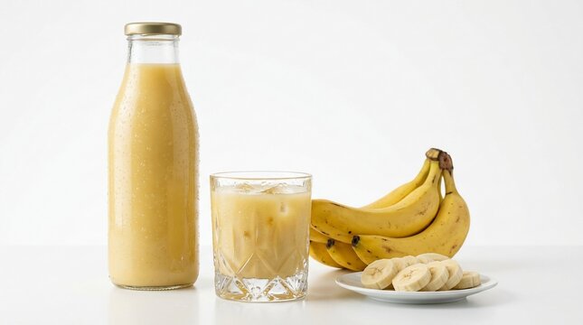 Yellow banana drink in bottle and glass with sliced fruit on plate
