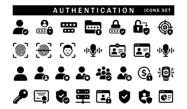 A grid of black and white vector icons illustrating user authentication, including biometric scans, passwords, secure locks, identity cards, speech recognition, and security shields.