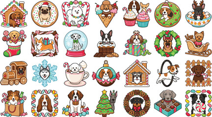 Fototapeta premium Kawaii Christmas Dog Vector Sheet with Cute Puppies in Gingerbread Houses Holiday Wreaths Snow Globes and Festive Treats for Winter Sticker Designs