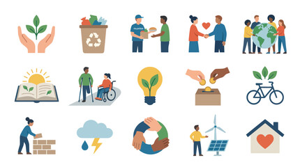Fototapeta premium Diverse Charity Icons: Volunteering, Sustainability, Community, Support, Help