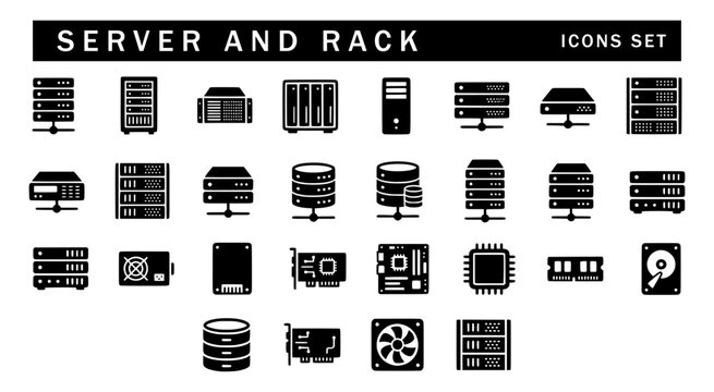 Set of black server and rack glyph icons on a white background, featuring server racks, database towers, network switches, CPU processors, GPU cards, cooling fans, and hard drives.