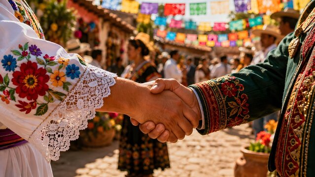 Traditional Cultural Handshake Between People in Embroidered Clothing at Colorful Folk Festival Symbolizing Friendship Unity Heritage Respect Cultural Exchange and Community Celebration