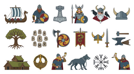 Fototapeta premium Viking Culture and Norse Mythology Flat Vector Illustration Icons Set. Scandinavian Historical Elements Symbols.