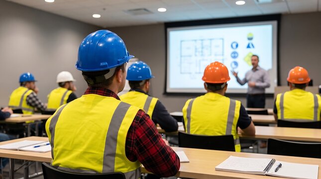 Construction crew in safety vests and hard hats listening to a technical presentation in a training room with building blueprints displayed on the large classroom projector screen area