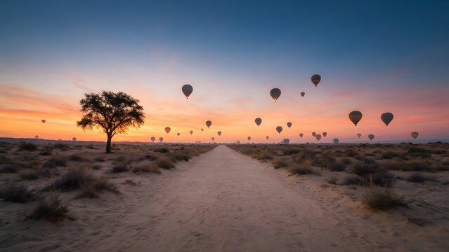 Desert road leading toward a glowing sunset with hot air balloons drifting across the twilight sky, creating a serene travel landscape