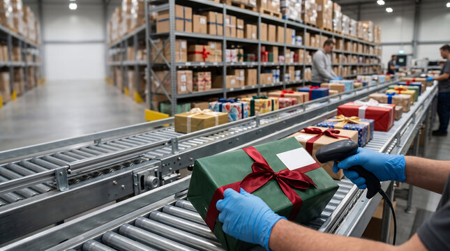 Efficient holiday gift sorting operations in a large logistics warehouse, with personnel meticulously processing packages for timely delivery