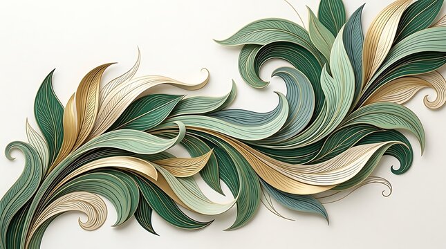 Abstract 3D illustration of stylized flowing leaves and acanthus swirls in shades of sage green, dark green, and muted gold arranged diagonally across a light cream background.