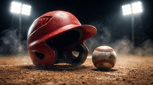 Baseball Helmet and Ball on Infield Dirt at Night with Stadium Lights