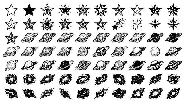 Cosmic doodle elements: stars, planets, galaxies, and nebulae hand-drawn icons