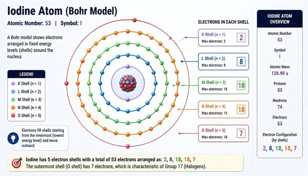 Iodine Atom Bohr Model illustration, detailing electron configuration 2, 8, 18, 18, 7, atomic number 53, symbol I. Conceptual vector graphic of atomic structure with electrons in K, L, M, N, O shells.