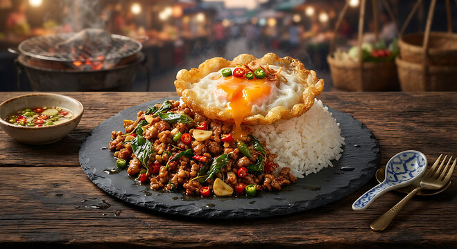 Spicy Thai basil minced pork Pad Krapow topped with fried egg