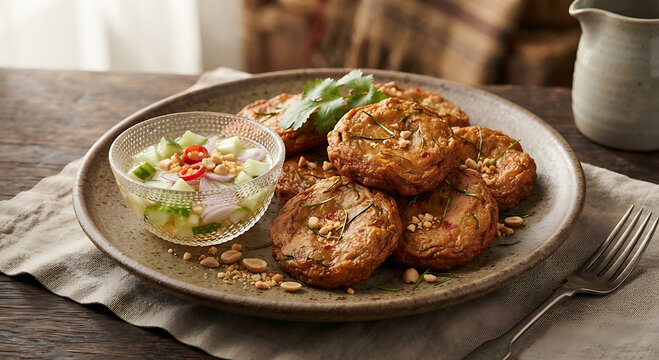 Traditional Thai fried fish cakes Tod Mun Pla with cucumber ajad