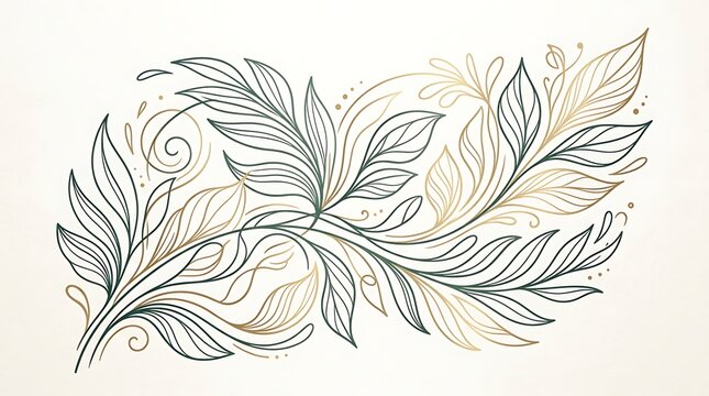 Abstract botanical line art illustration featuring elegant swirling leaves and branch motifs in dark grey and beige line work centered on a plain light cream background.
