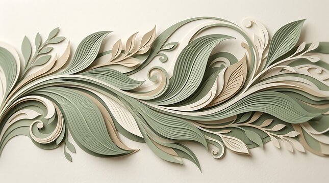 Abstract 3D relief banner featuring sage green, cream, and beige carved floral leaves and swirling vine motifs with fine line textures arranged horizontally on a light surface.