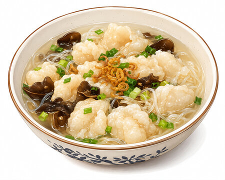 Illustration of traditional Palembang tekwan soup, featuring fish balls, mushrooms, and savory broth