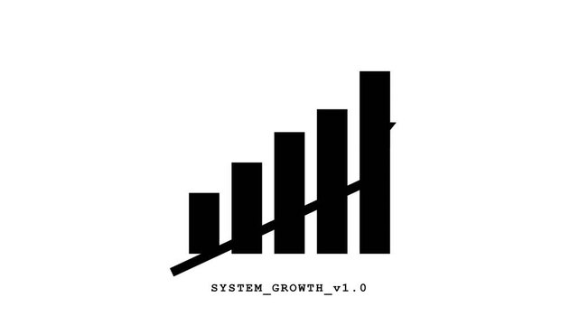 A conceptual depiction of progress featuring ascending columns crossed by a diagonal line while displaying system development text representing economic decline and financial failure themes