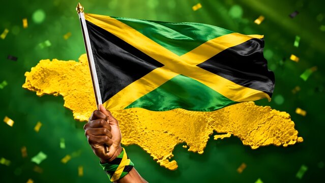 Jamaican Flag Waving Over Map of Jamaica with Green Background Celebrating National Pride Independence Freedom Patriotism Caribbean Culture Heritage Tourism and Jamaican National Identity