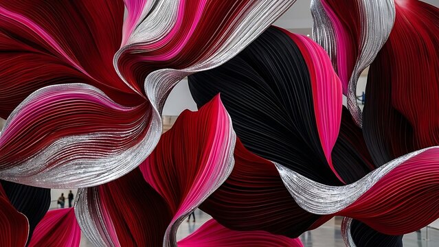 Abstract 3D artwork featuring sculpted, swirling ribbon layers in deep magenta red, dark navy, pink, and shimmering silver metallic textures creating a dramatic organic wave.